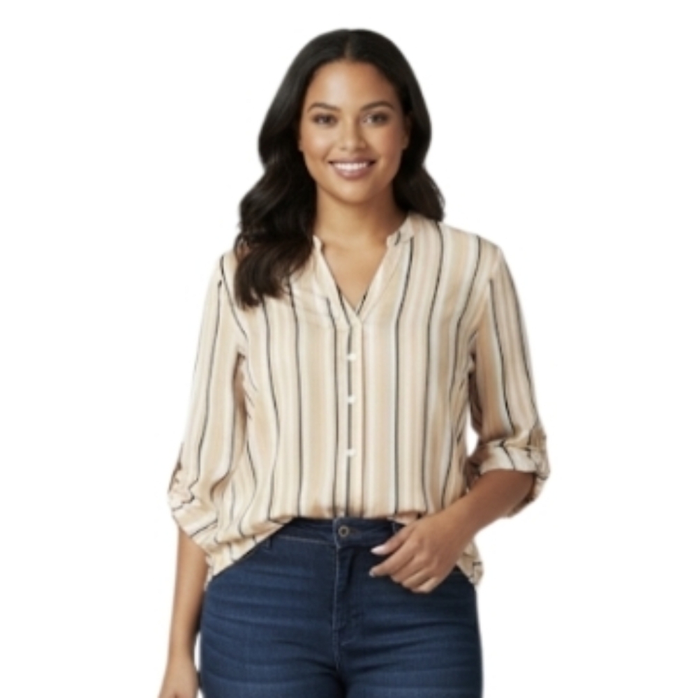 Alfani 1X Beige Black Striped Blouse Button Front Versatile Long Sleeve Top